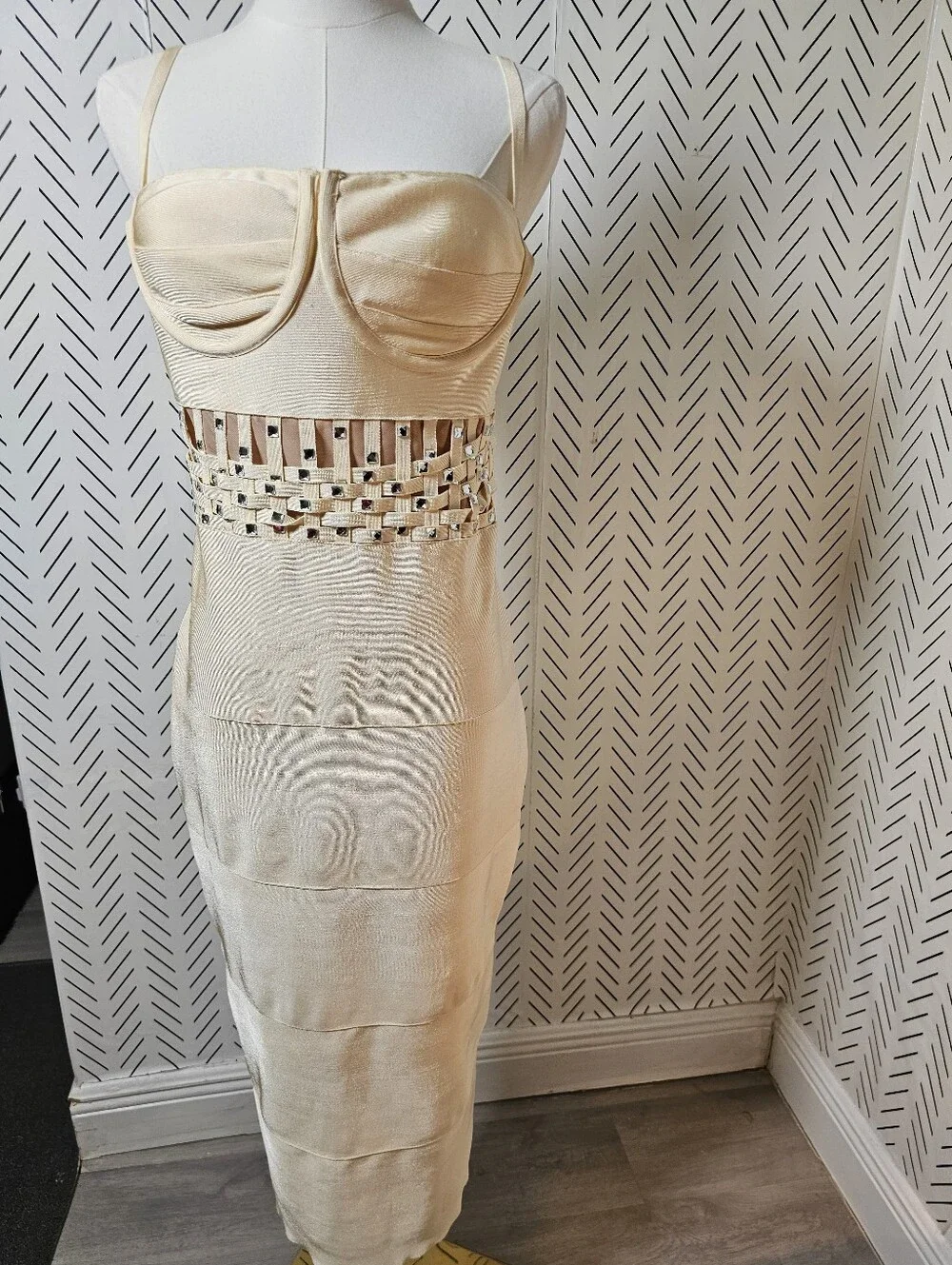 Fashion Nova Cream Strappy Midi Dress with Woven Rhinestone Waistband - Picture 2 of 11